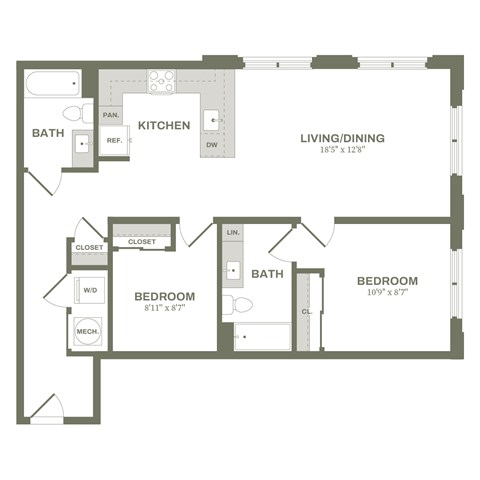 A floor plan of a small apartment with a living room, kitchen, and two bedrooms.